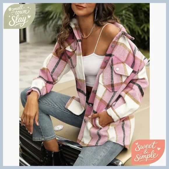 Long Sleeve Flannel Shacket Plaid Button Down Shirt Loose Fit - Picture 5 of 6